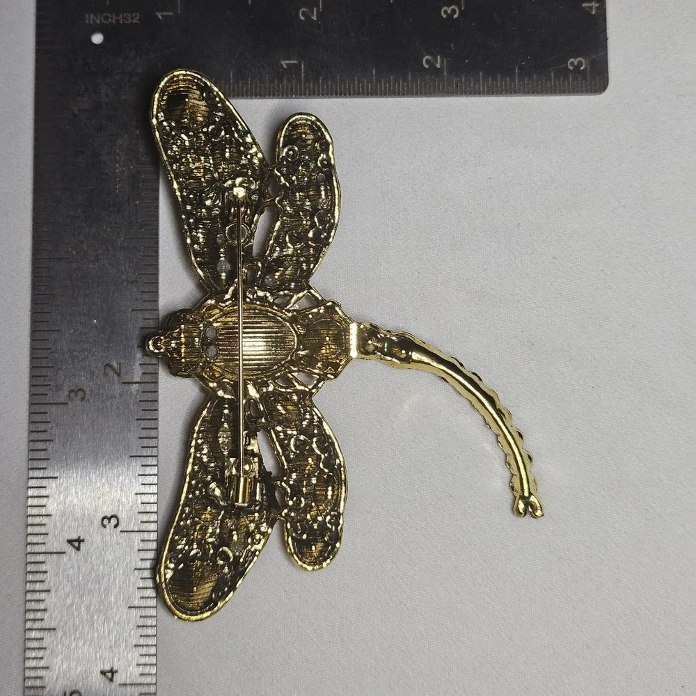 Dragonfly Brooch Pin Womens OS Pink Gold Tone Rhinestone Crystal Large